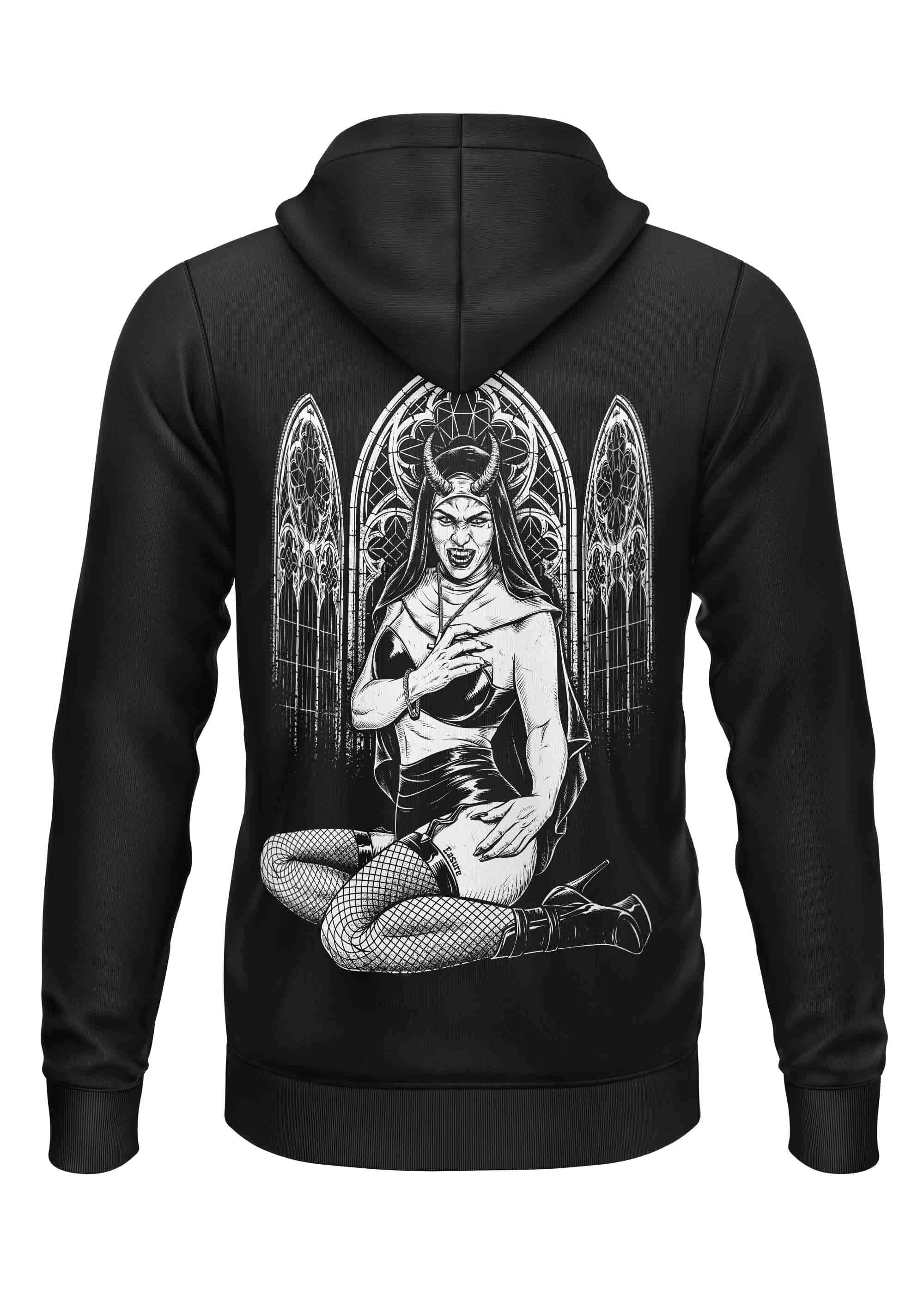 Schwarzer diabolo nun schwerer unisex zipper mit engelmotiv aus strapazierfähigem recyceltem polyester